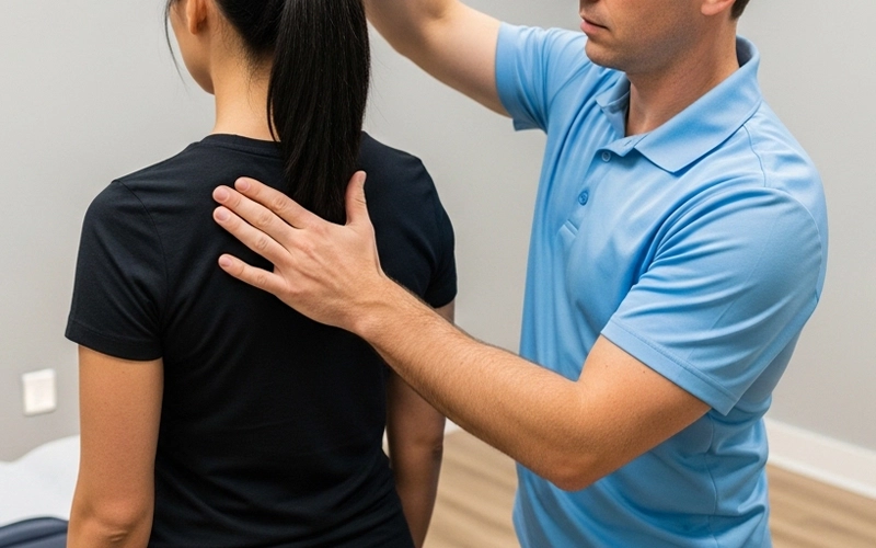 Chiropractor assessing cervical alignment and neck posture in a clinic setting