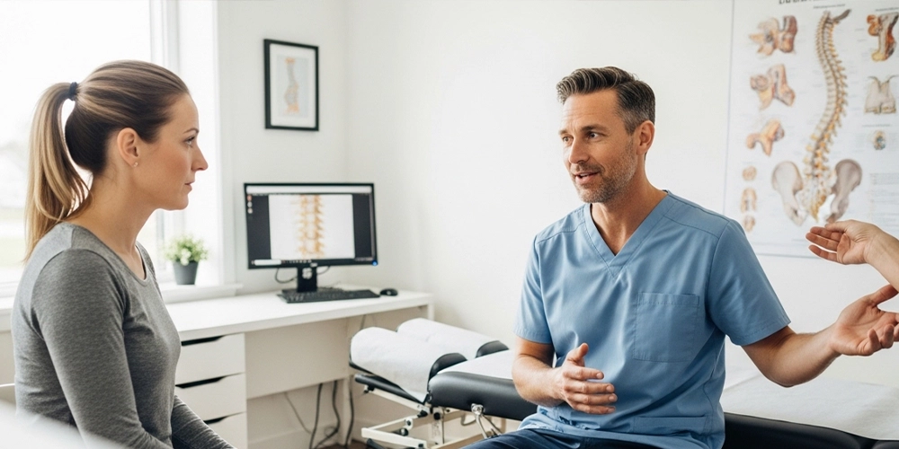 Chiropractor consulting with a patient about neck strain relief in a modern Wauwatosa clinic