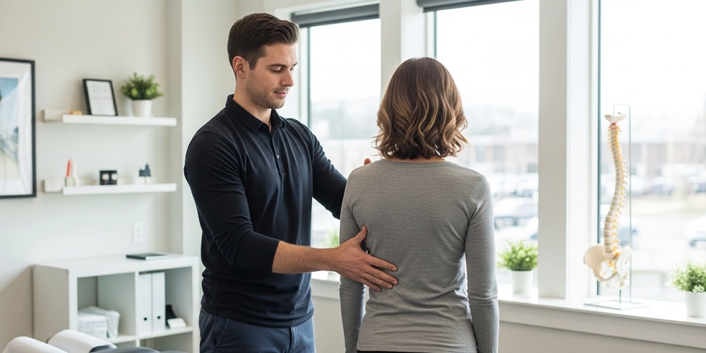 Chiropractor performing a detailed patient assessment for chronic pain