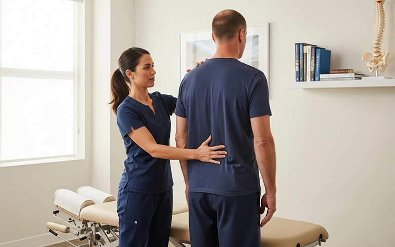 Chiropractor identifying hidden spinal imbalances during a patient evaluation