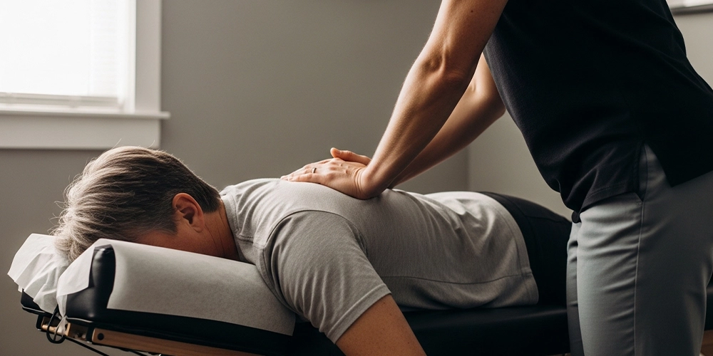 Chiropractor performing a gentle spinal adjustment for back pain relief