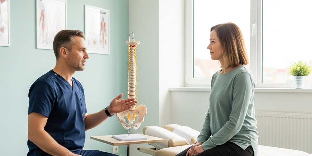Chiropractor consulting with a patient about innovative spine therapy in a modern Wauwatosa clinic