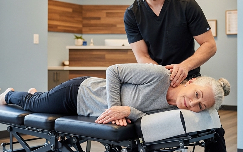 Older adult receiving chiropractic care to improve joint flexibility