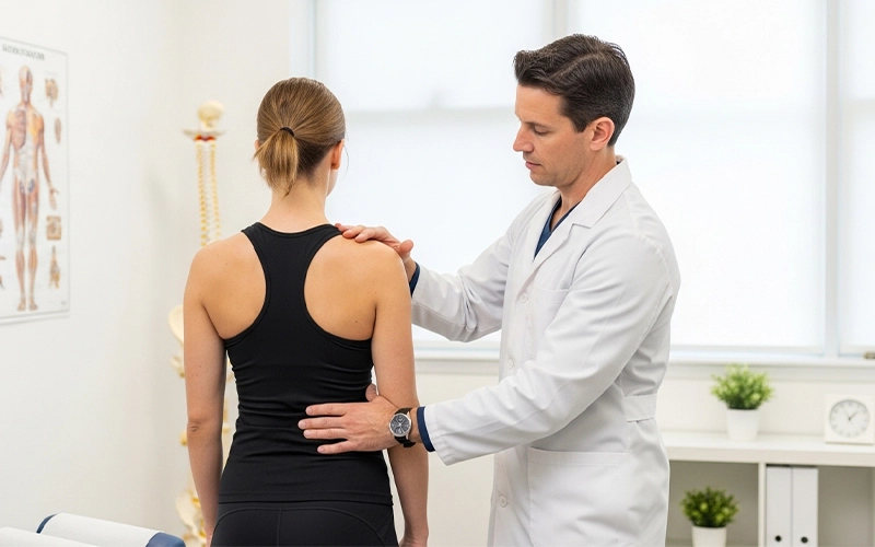 Chiropractor evaluating posture and spinal alignment during a back pain assessment