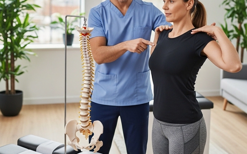 Chiropractor guiding posture correction to support an active lifestyle