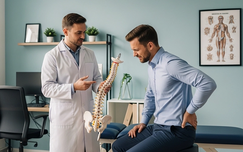Chiropractor helping a desk worker with posture-related spinal strain