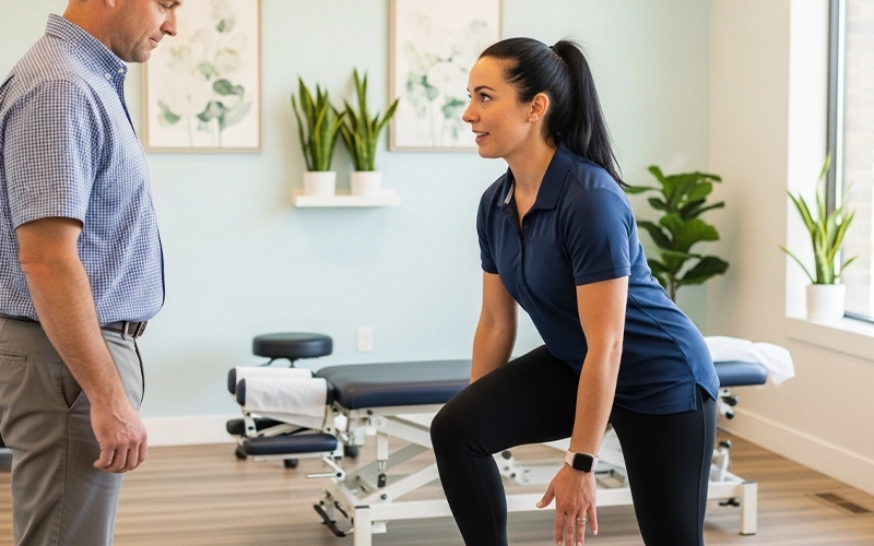Chiropractor teaching proper body mechanics for safer movement at work