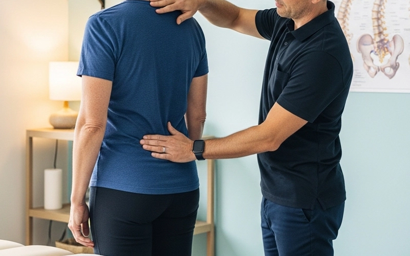 Chiropractor assessing spinal alignment and posture in a clinic setting