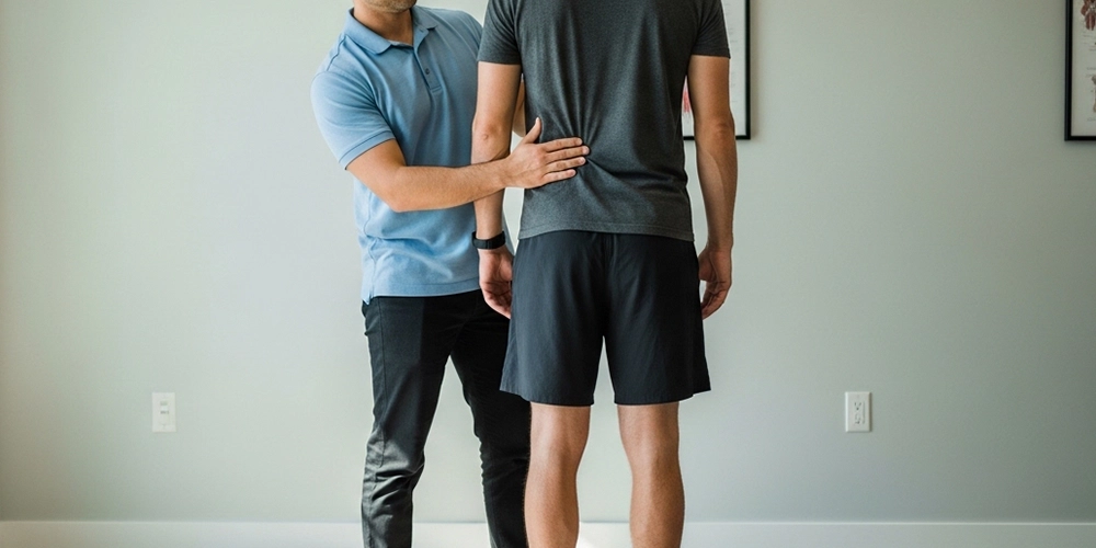 Chiropractor performing a spinal alignment assessment on an adult patient