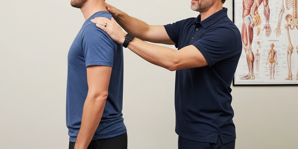 Chiropractor assessing spinal alignment for an active adult patient