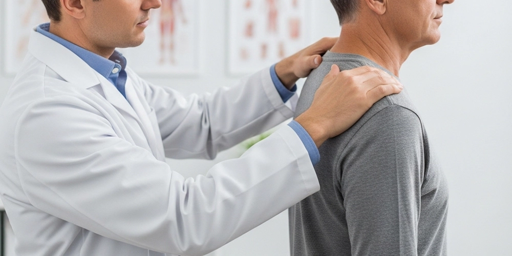 Chiropractor assessing spinal alignment in an aging adult patient
