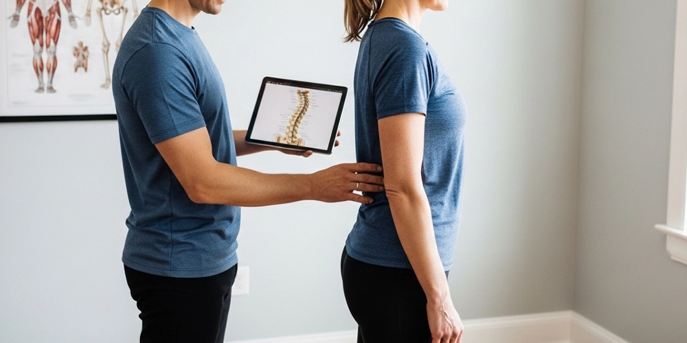 Chiropractor assessing the root cause of chronic back pain in a clinic setting