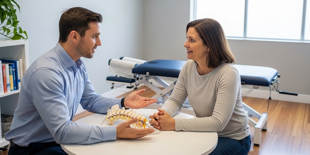 Chiropractor consulting with a patient about daily wellness in a modern Wauwatosa clinic