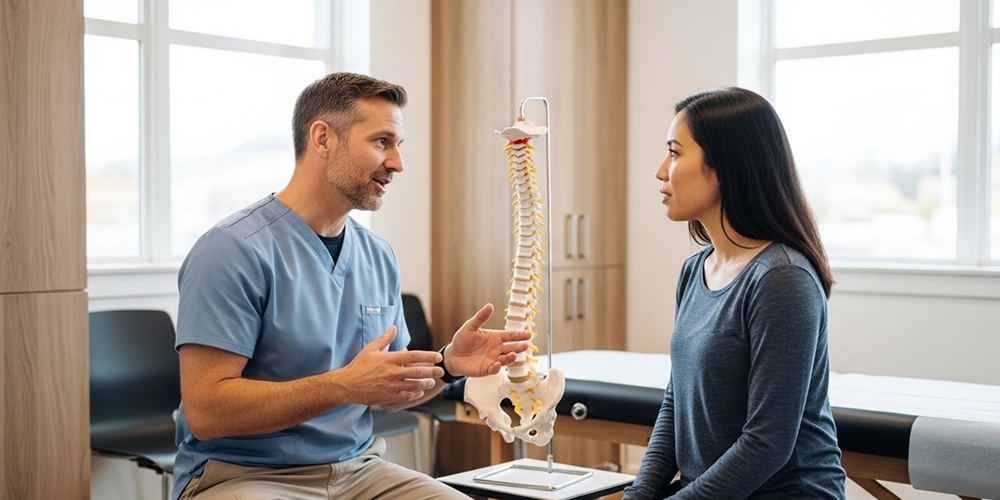Chiropractor consulting with a patient in a modern Wauwatosa clinic