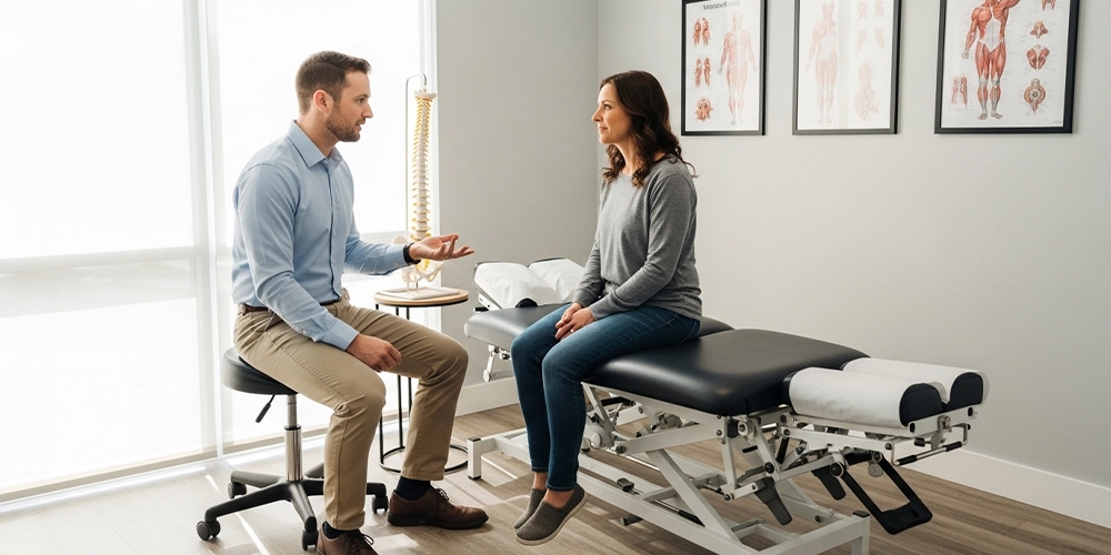 Chiropractor consulting with a patient about spinal health in a modern Wauwatosa clinic