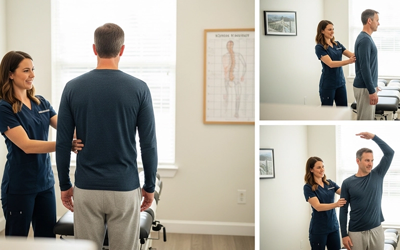 Chiropractor performing a detailed back pain assessment in a modern clinic