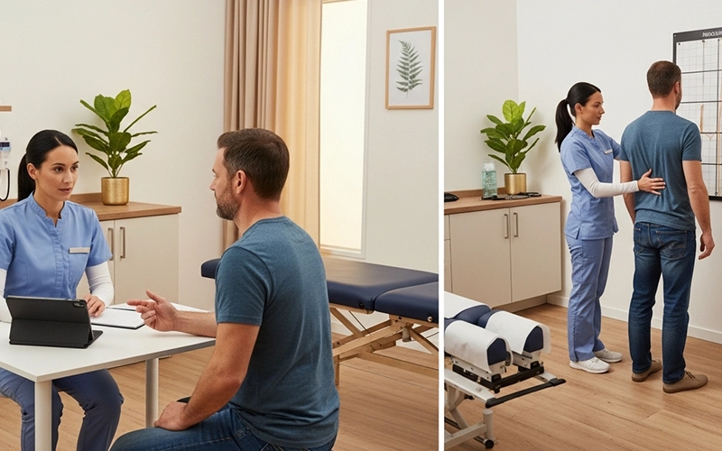 Patient receiving a first chiropractic evaluation at an affordable local clinic