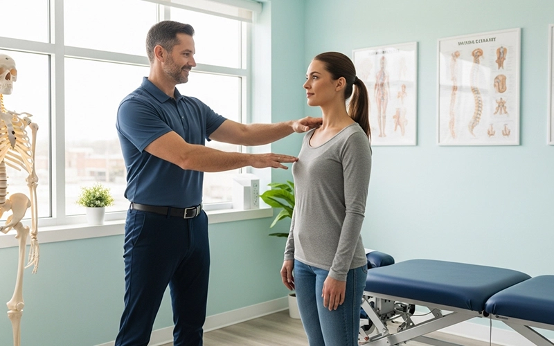 Chiropractor teaching healthy posture habits for daily spinal support