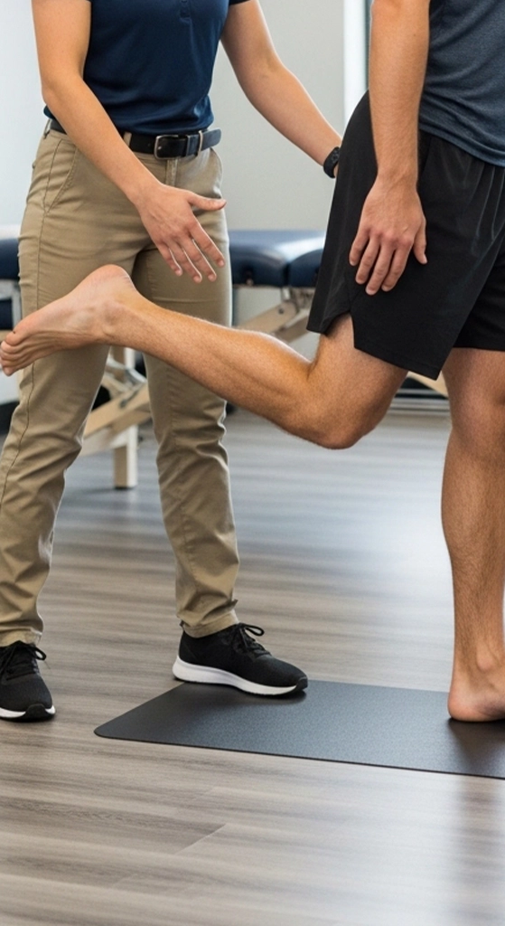 Chiropractor assessing hip mobility and movement in a clinic setting