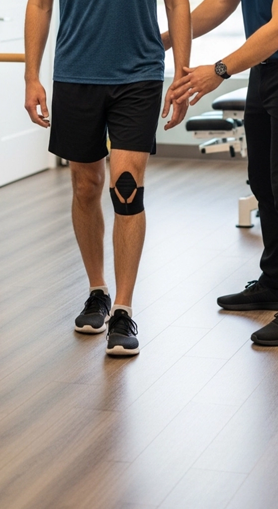 Chiropractor assessing knee movement and lower-body mechanics in a clinic setting