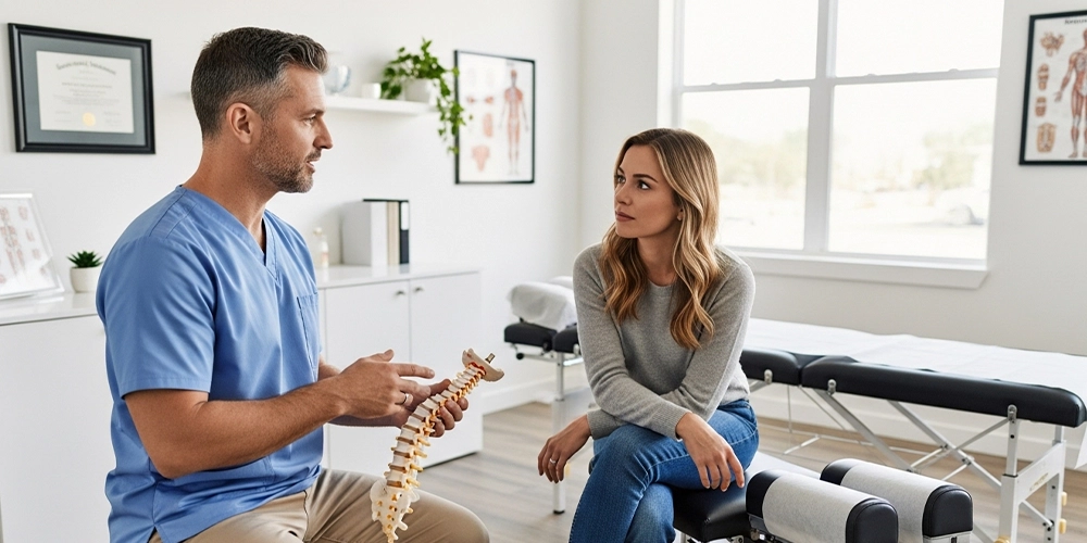 Chiropractor consulting with a patient about improving overall health in a modern Wauwatosa clinic