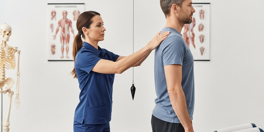Chiropractor performing a spinal assessment during a local clinic visit