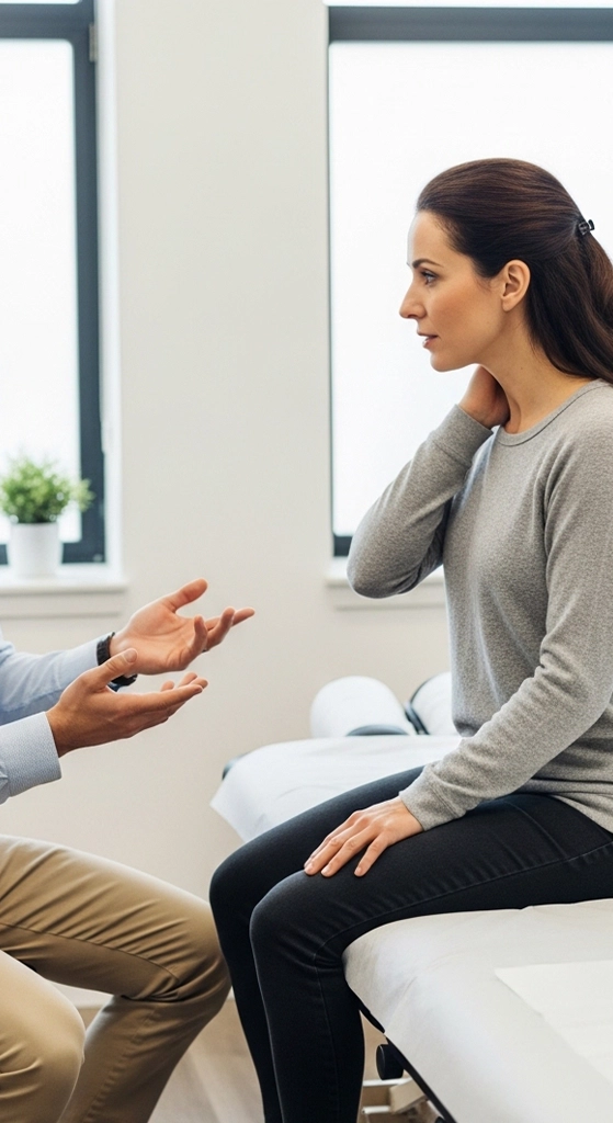 Chiropractor consulting with a patient about neck pain in a modern Wauwatosa clinic