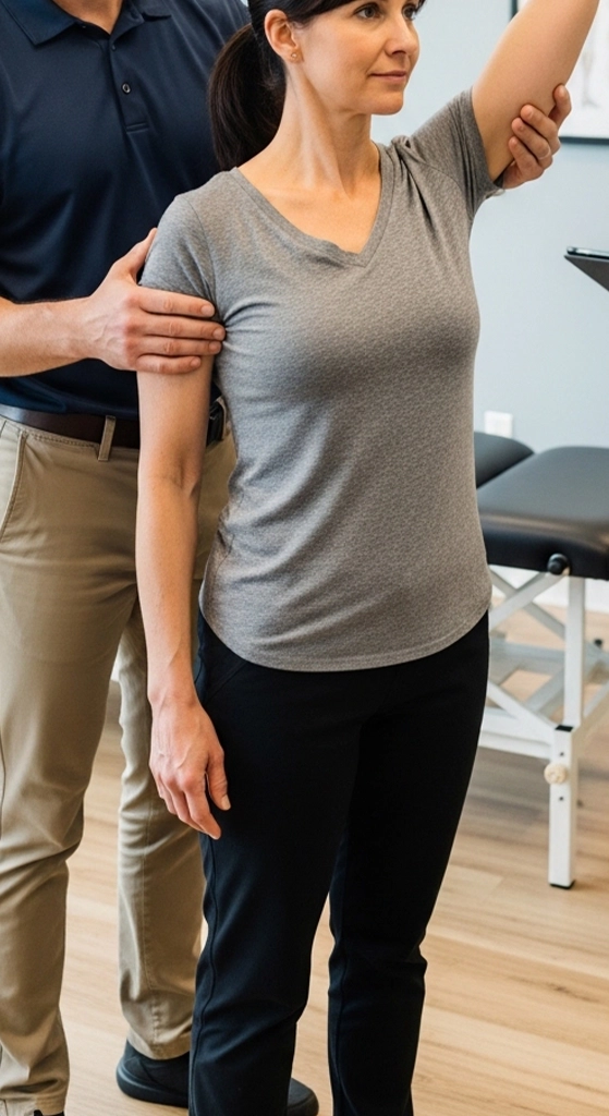 Chiropractor assessing movement and pain patterns after a car accident in a clinic setting