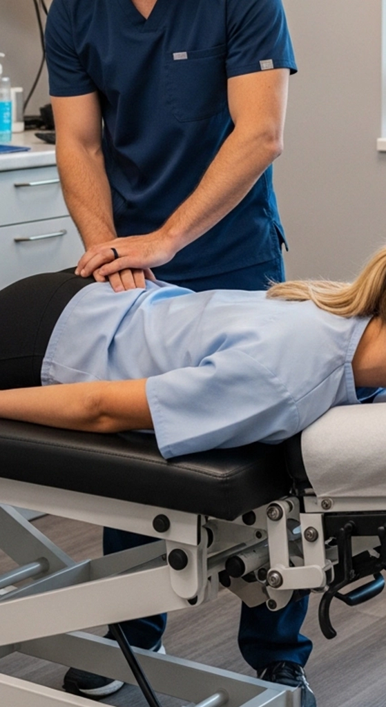 Chiropractor helping a patient with disc-related pain that worsens with sitting and standing