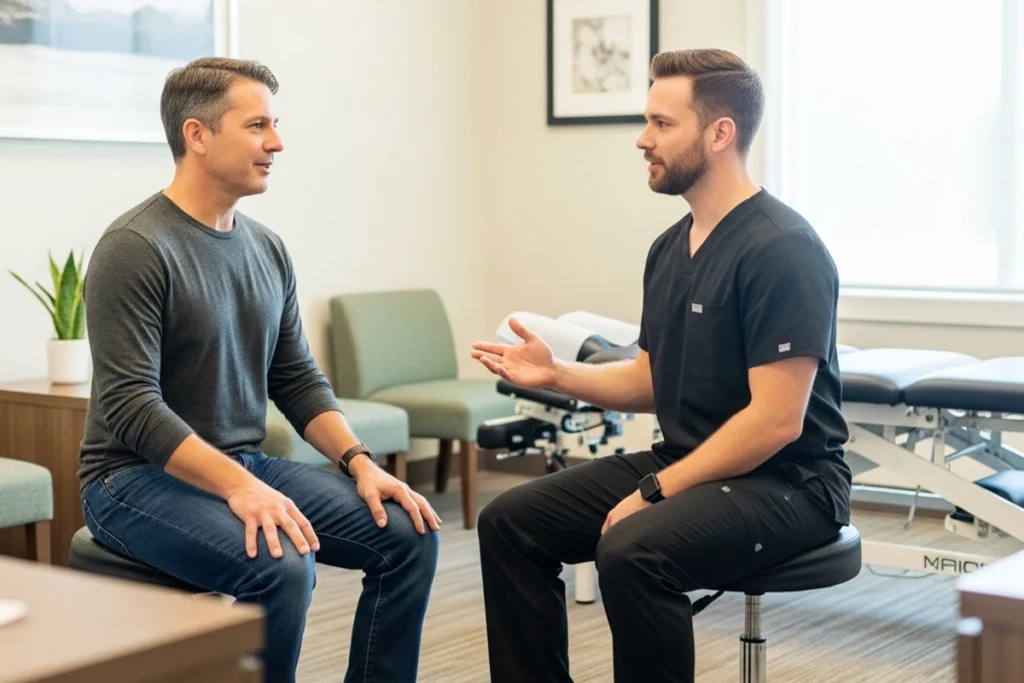 Patient meeting with a chiropractor at one of two Wisconsin clinics for personalized care