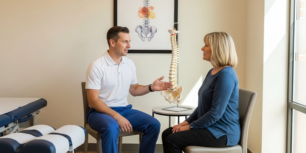 Chiropractor consulting with a patient about spinal wellness in a modern Wauwatosa clinic